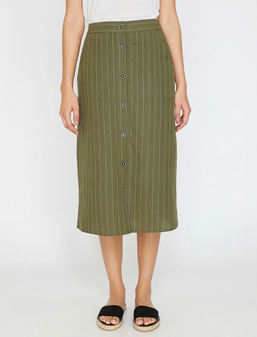 11820 Khaki Button Detailed Midi Skirt