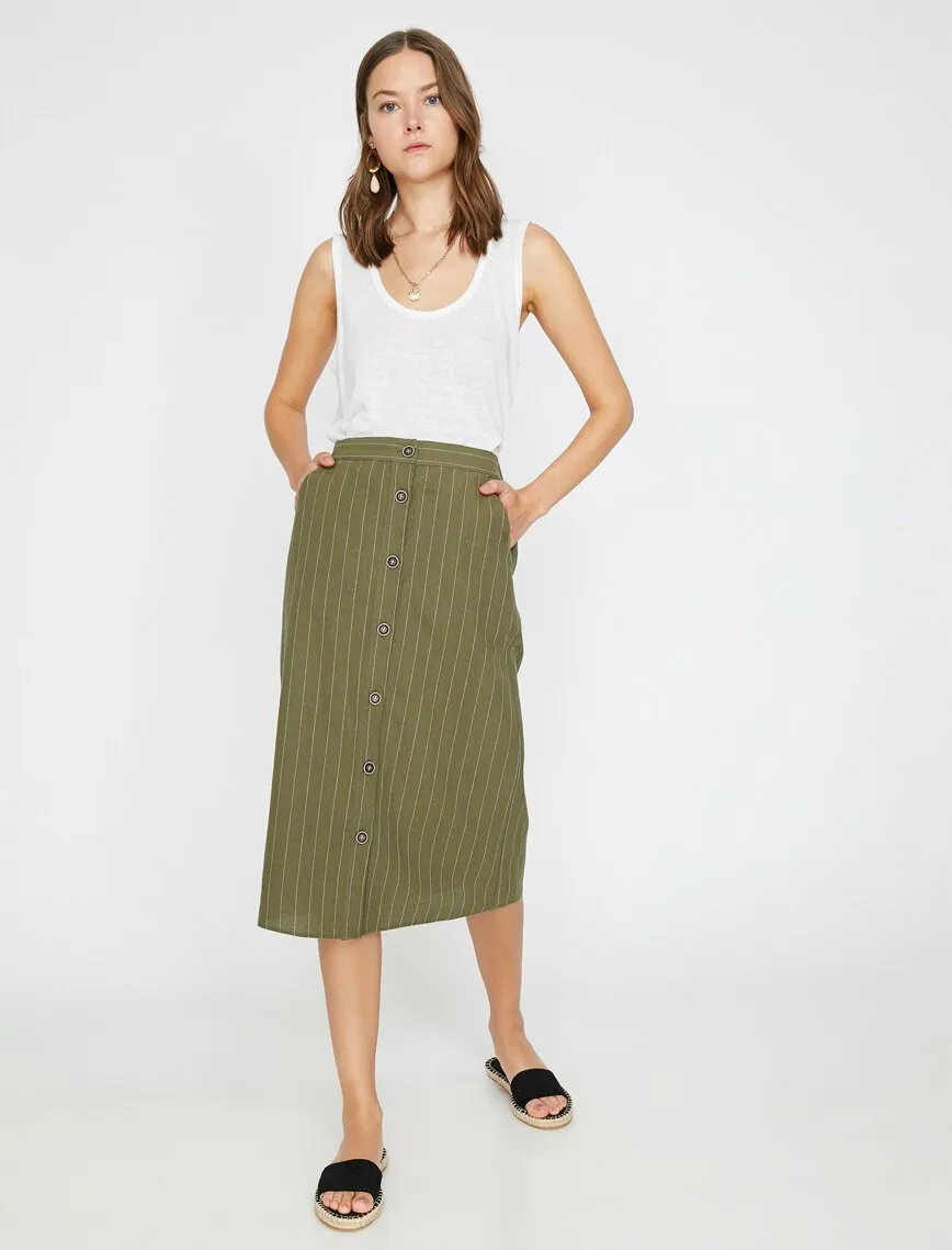 11820 Khaki Button Detailed Midi Skirt