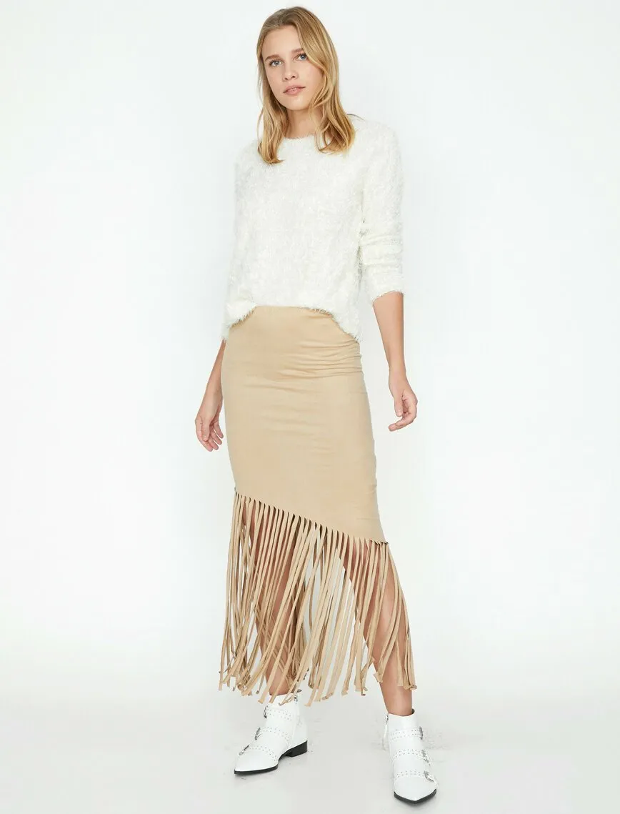 11867 Beige Tassel Detailed Midi Skirt