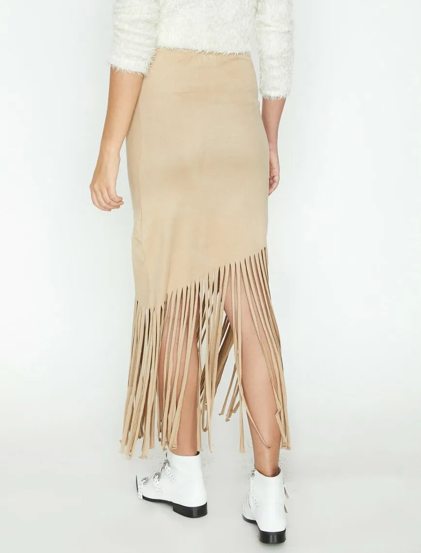 11867 Beige Tassel Detailed Midi Skirt