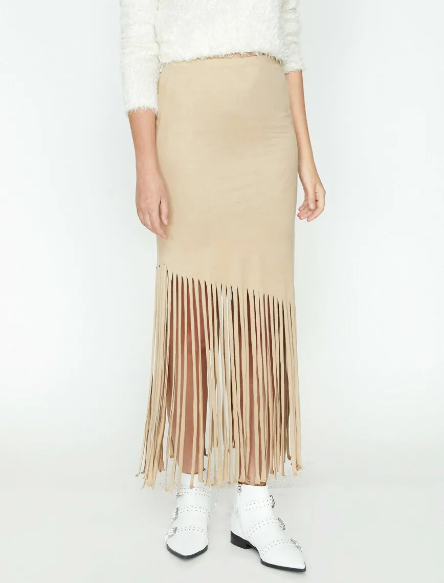 11867 Beige Tassel Detailed Midi Skirt