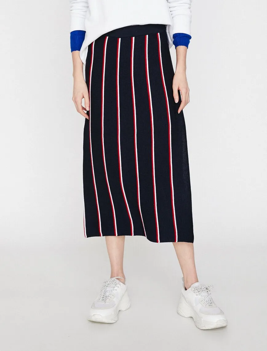 11903 Navy Striped Midi Skirt