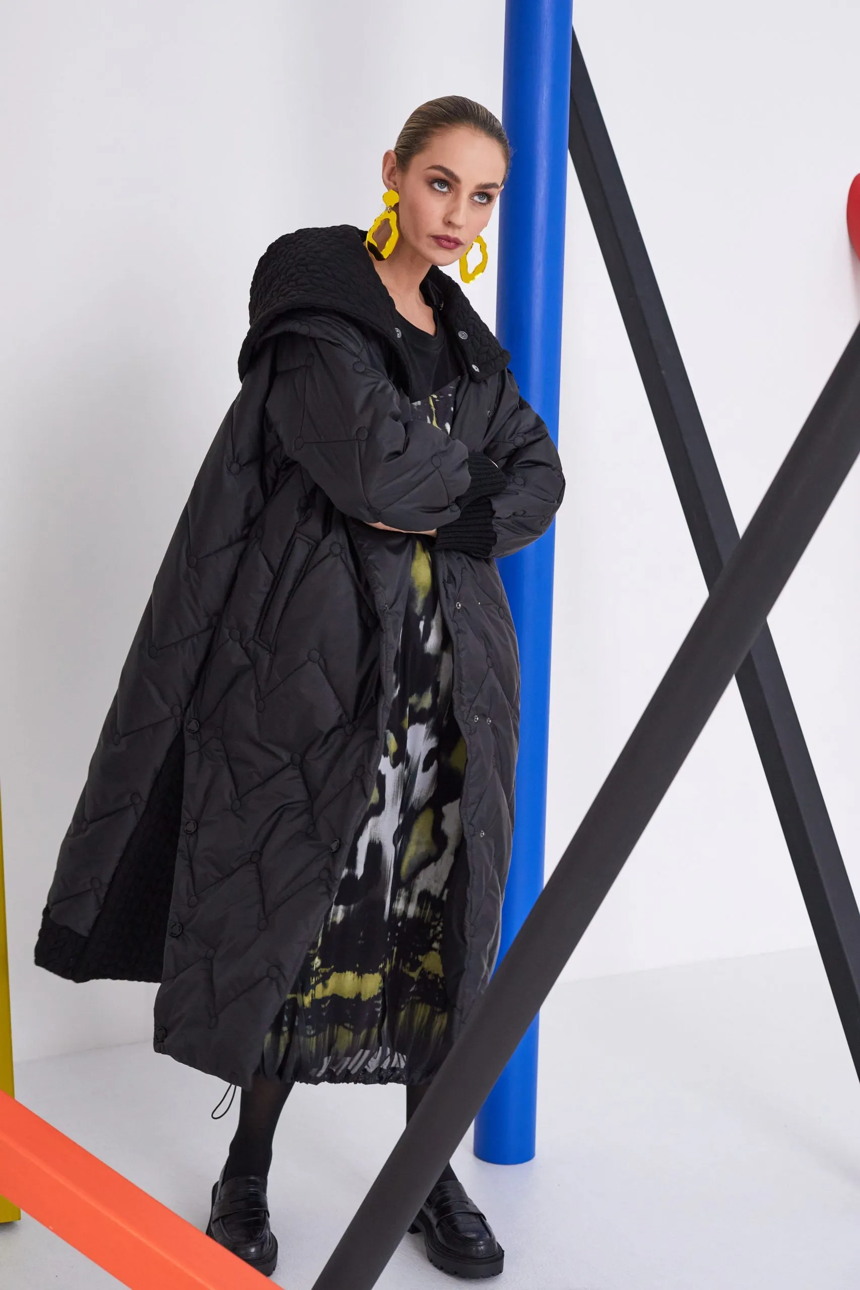 197- Naya Quilted Coat w/ Knit Cuff- Black