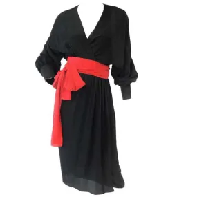 1970s Adele Simpson Black and Red Wrap Dress