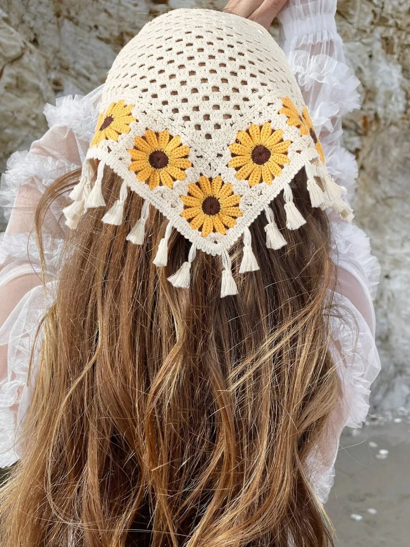 1pc Knit Sunflower Tassel Triangle Scarf Headband Boho