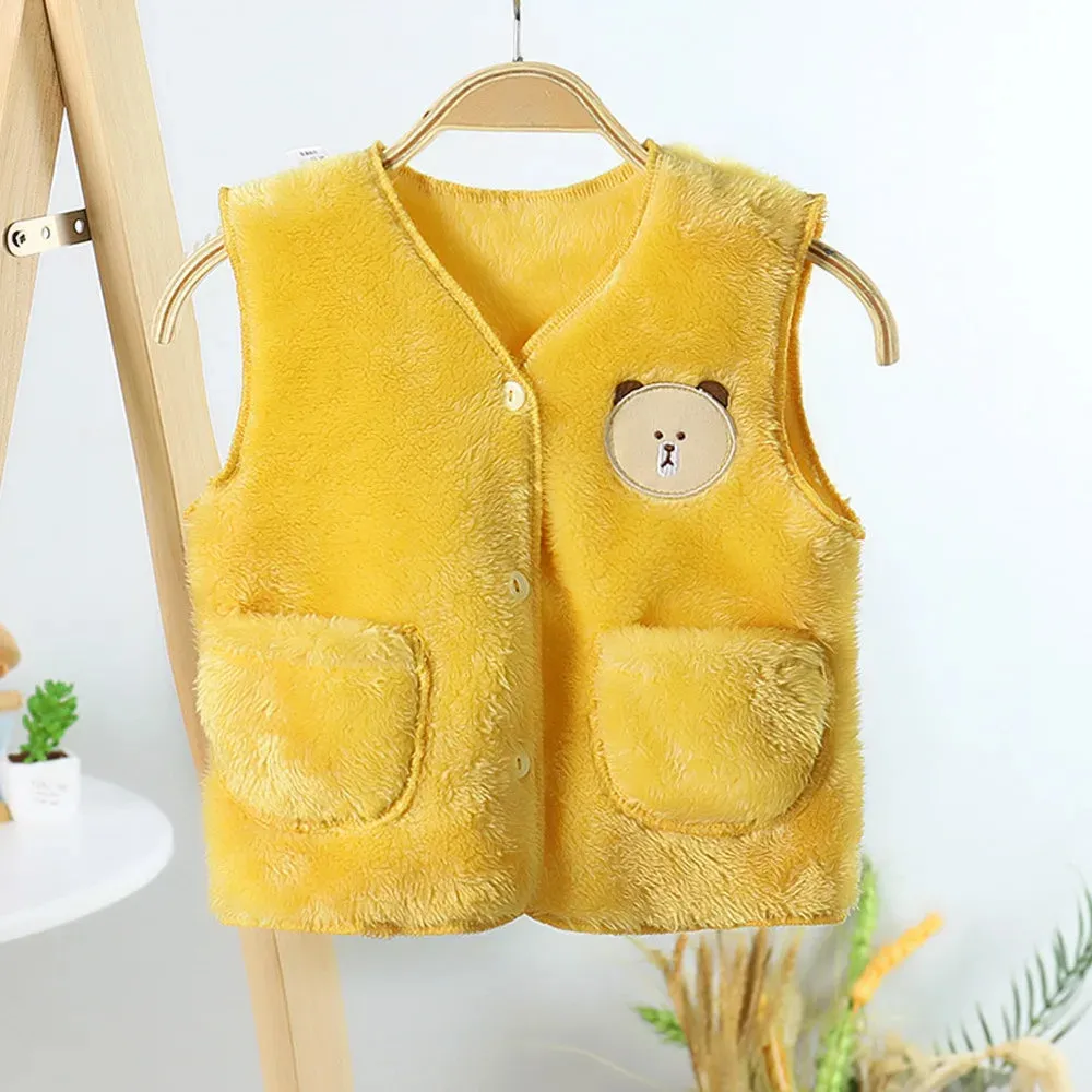 2022 Autumn Winter Girls Boys Warm Fleece Vest Baby Toldder Kids Children Soft Waistcoat Cartoon Bear Design