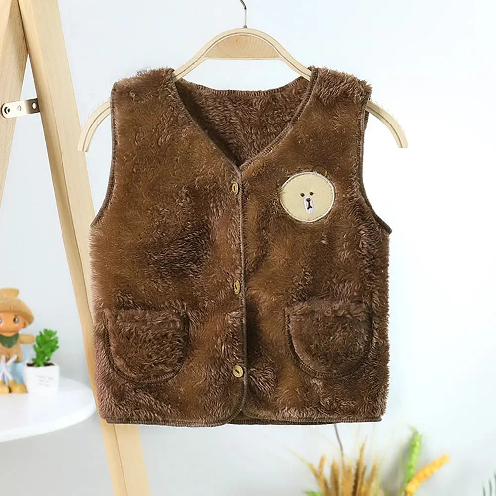 2022 Autumn Winter Girls Boys Warm Fleece Vest Baby Toldder Kids Children Soft Waistcoat Cartoon Bear Design