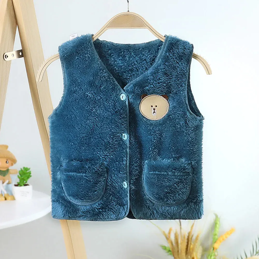 2022 Autumn Winter Girls Boys Warm Fleece Vest Baby Toldder Kids Children Soft Waistcoat Cartoon Bear Design