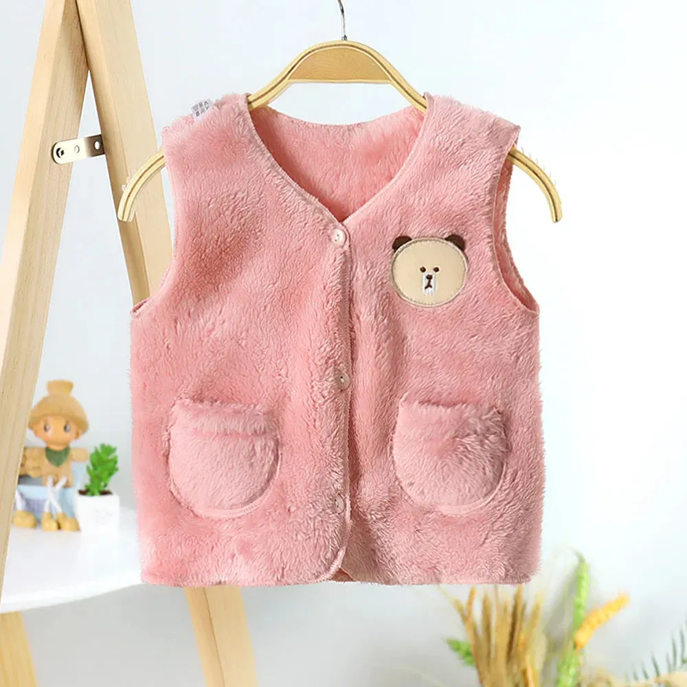 2022 Autumn Winter Girls Boys Warm Fleece Vest Baby Toldder Kids Children Soft Waistcoat Cartoon Bear Design