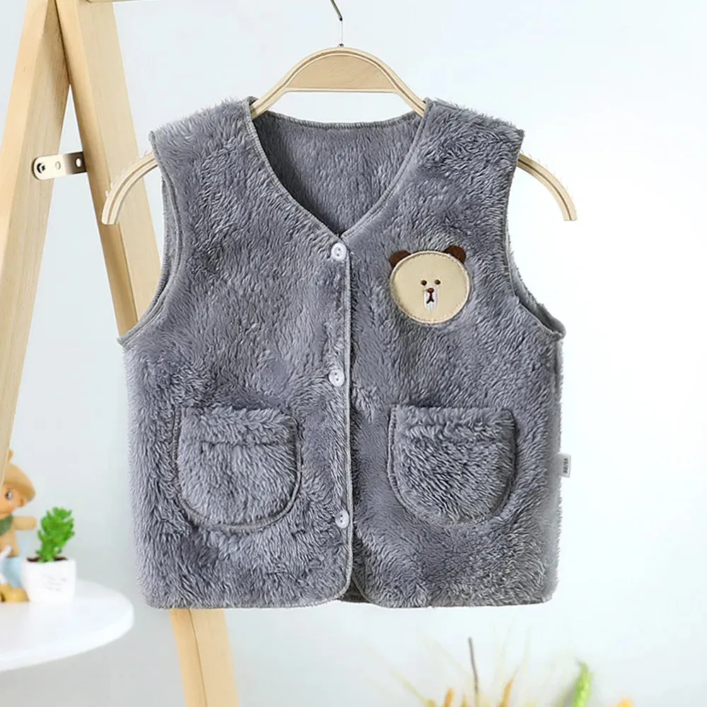 2022 Autumn Winter Girls Boys Warm Fleece Vest Baby Toldder Kids Children Soft Waistcoat Cartoon Bear Design