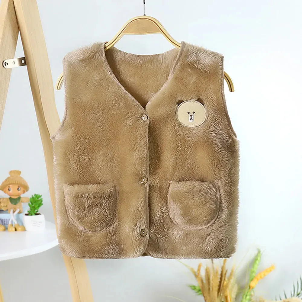 2022 Autumn Winter Girls Boys Warm Fleece Vest Baby Toldder Kids Children Soft Waistcoat Cartoon Bear Design