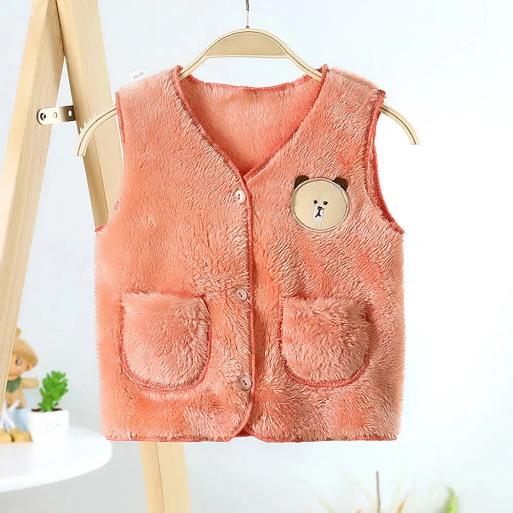 2022 Autumn Winter Girls Boys Warm Fleece Vest Baby Toldder Kids Children Soft Waistcoat Cartoon Bear Design