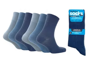 6 Pairs - Blues - Mens Diabetic Soft Grip Non Elastic Loose Weave Top Diabetic Socks Size 6-11