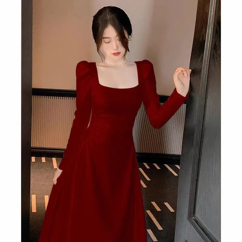 62 Wine Red Velvet Square Collar Bridal Toast Clothing Advanced Long Sleeve Engagement  Retro Autumn and Winter Hepburn Dress