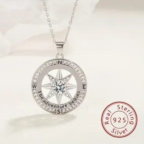 925 Sterling Silver Compass Necklace With Zircon Decor, Luxury Round Charm Jewelry Gifts For Women With Gift Box