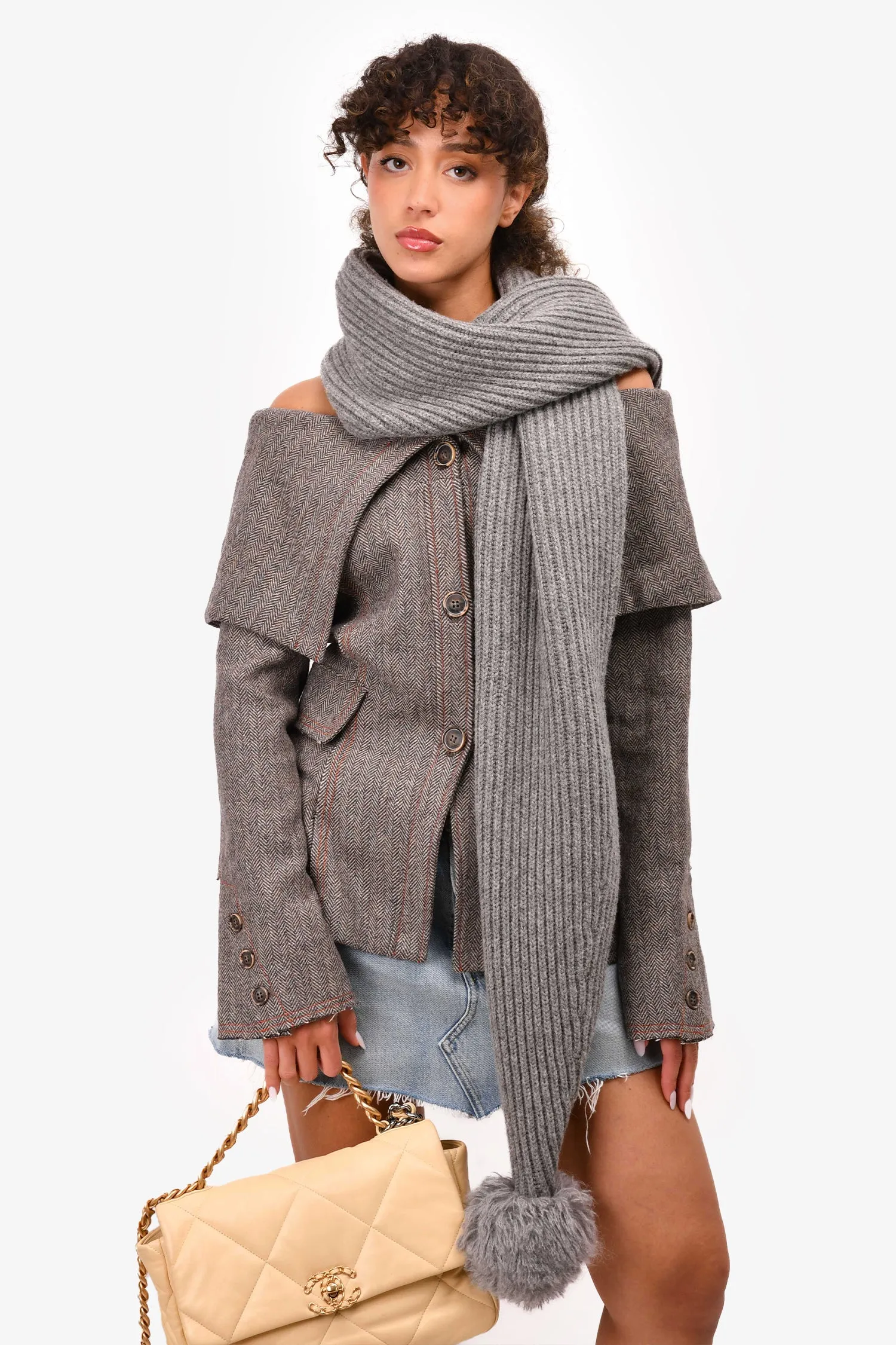 Acne Grey Wool Knit Bobble Scarf