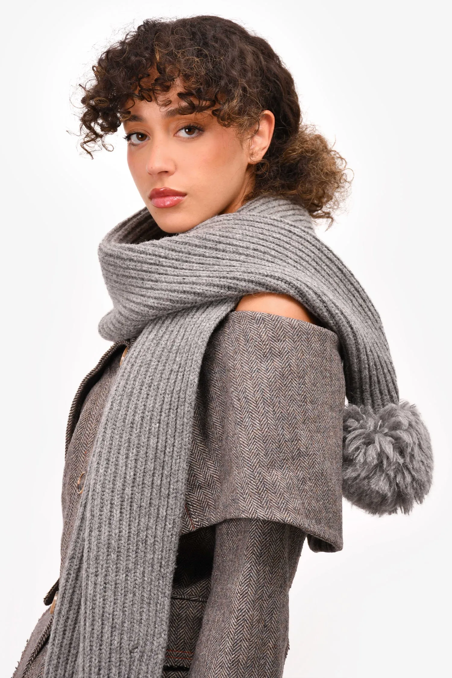 Acne Grey Wool Knit Bobble Scarf