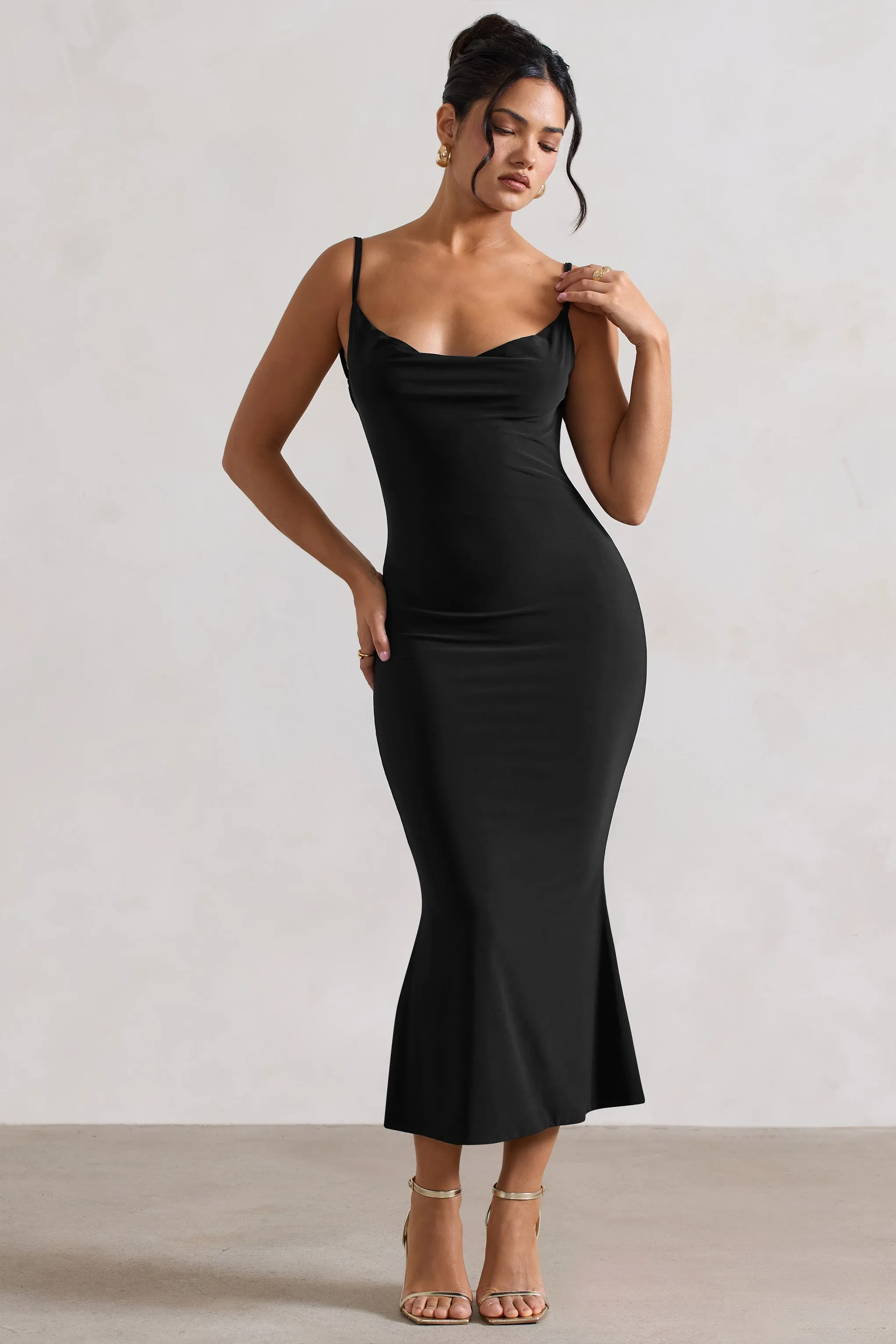 Addison | Black Cowl-Neck Open-Back Midi Dress With Lace