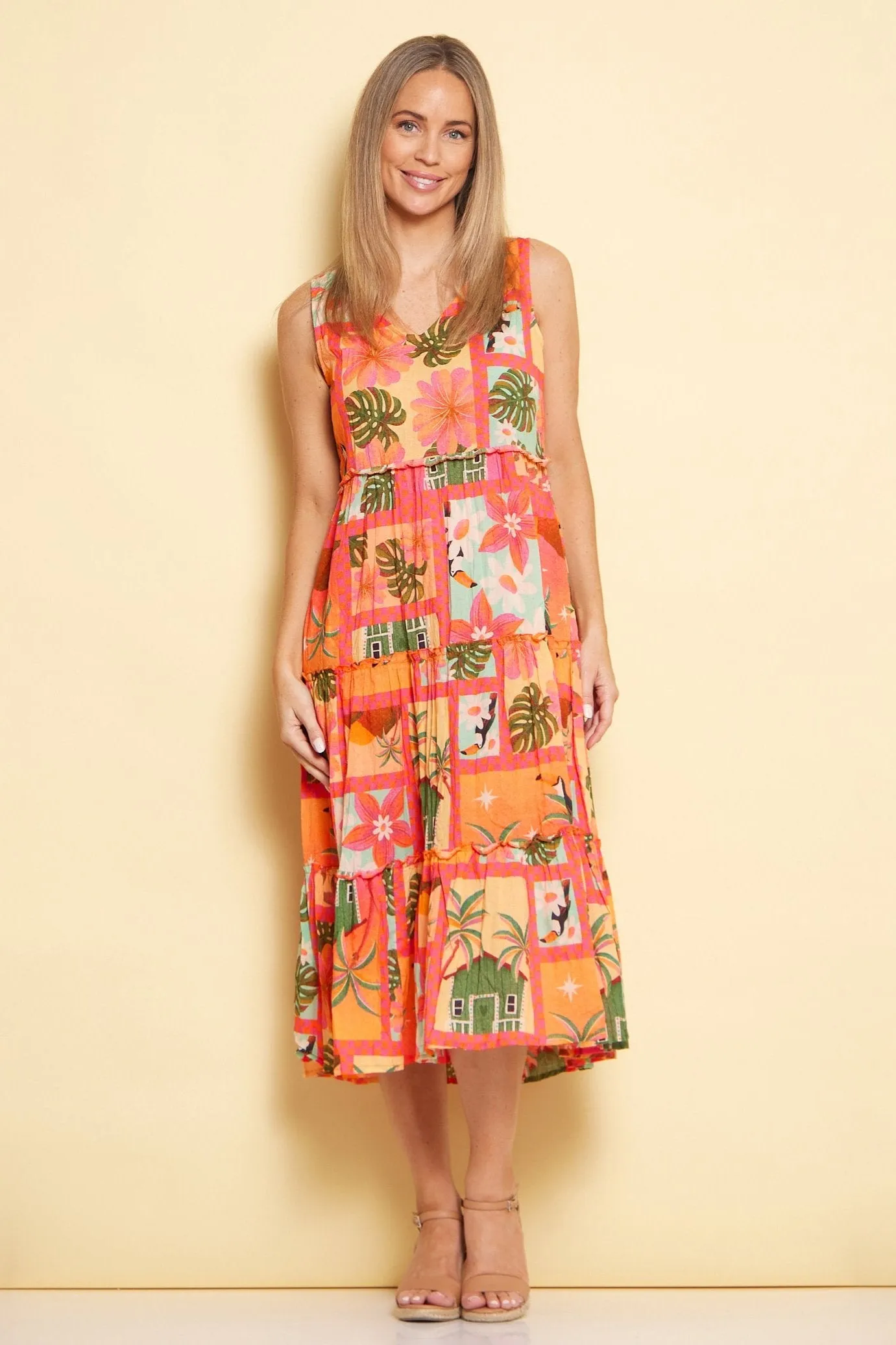 Audrey Tiered Midi Dress - Coral