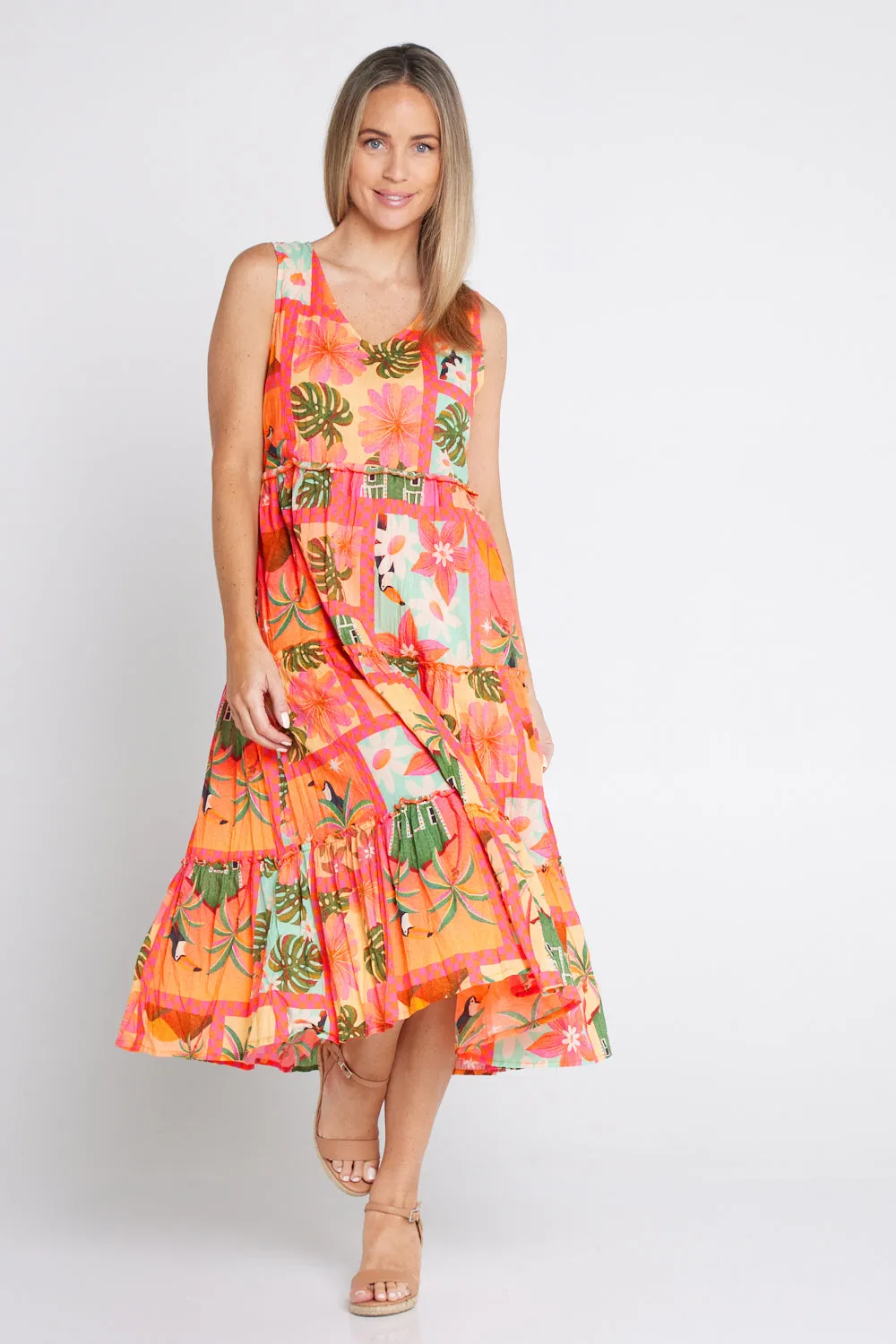 Audrey Tiered Midi Dress - Coral