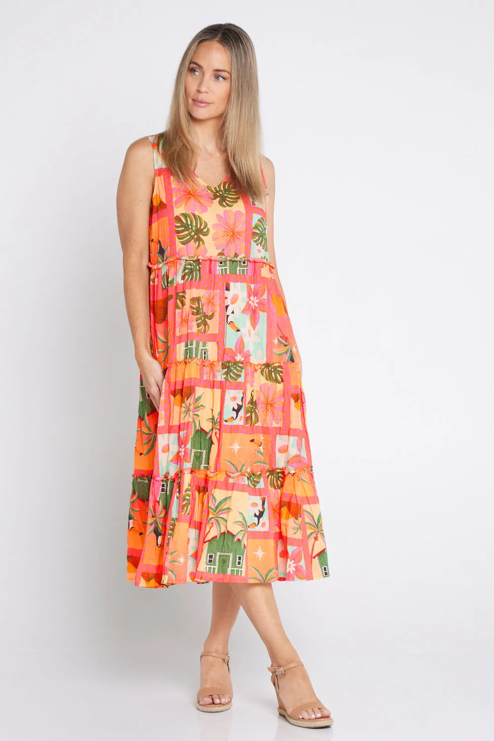 Audrey Tiered Midi Dress - Coral