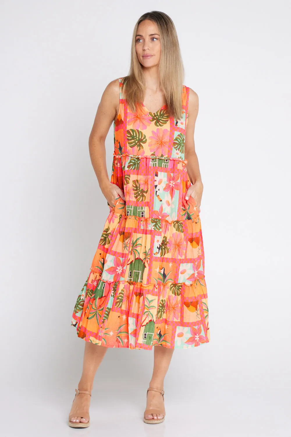 Audrey Tiered Midi Dress - Coral