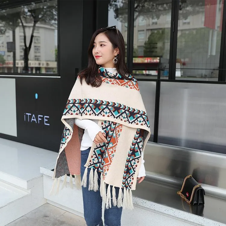 Autumn Tibetan Ethnic Tassel Split Thick Knit Shawl Cloak Scarf