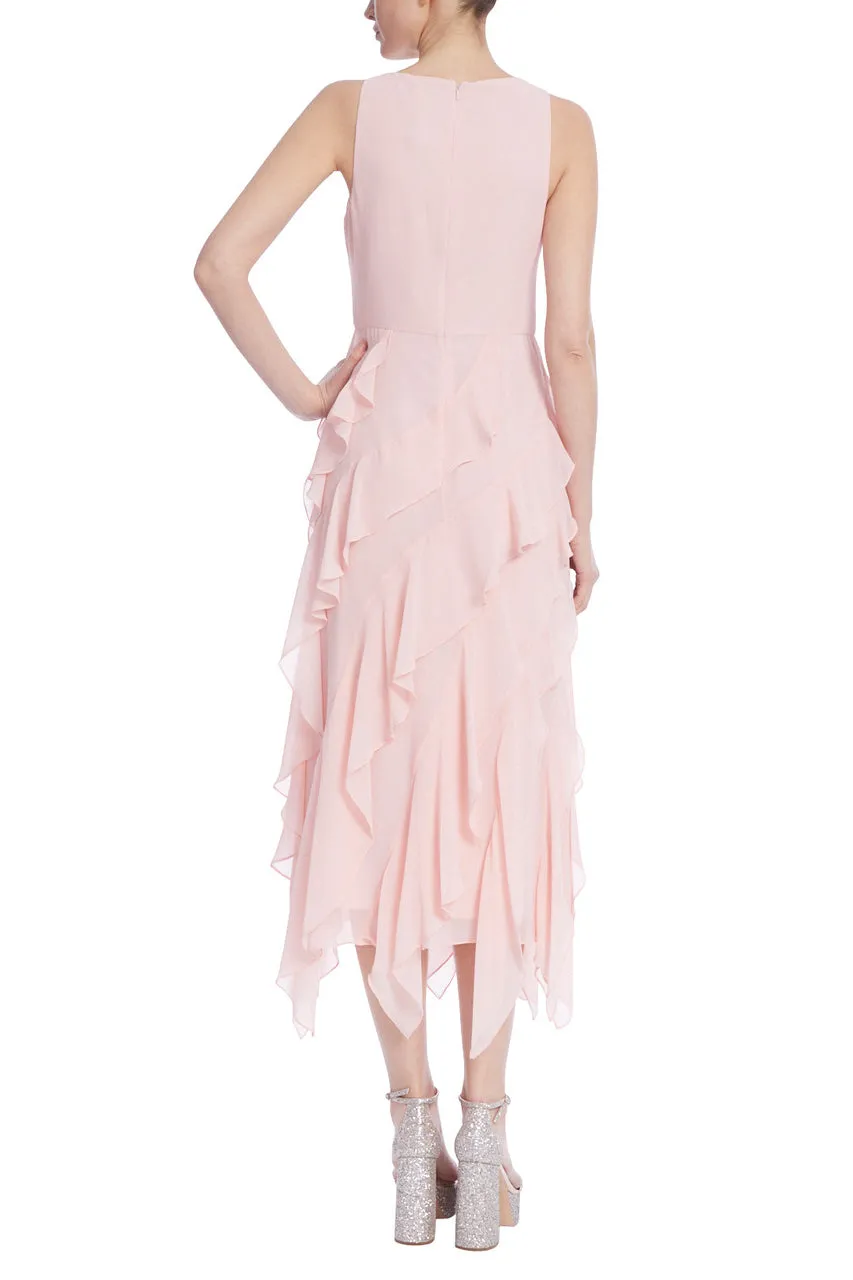 Badgley Mischka jewel neck sleeveless zipper closure cascading ruffles with sash tie georgette gown