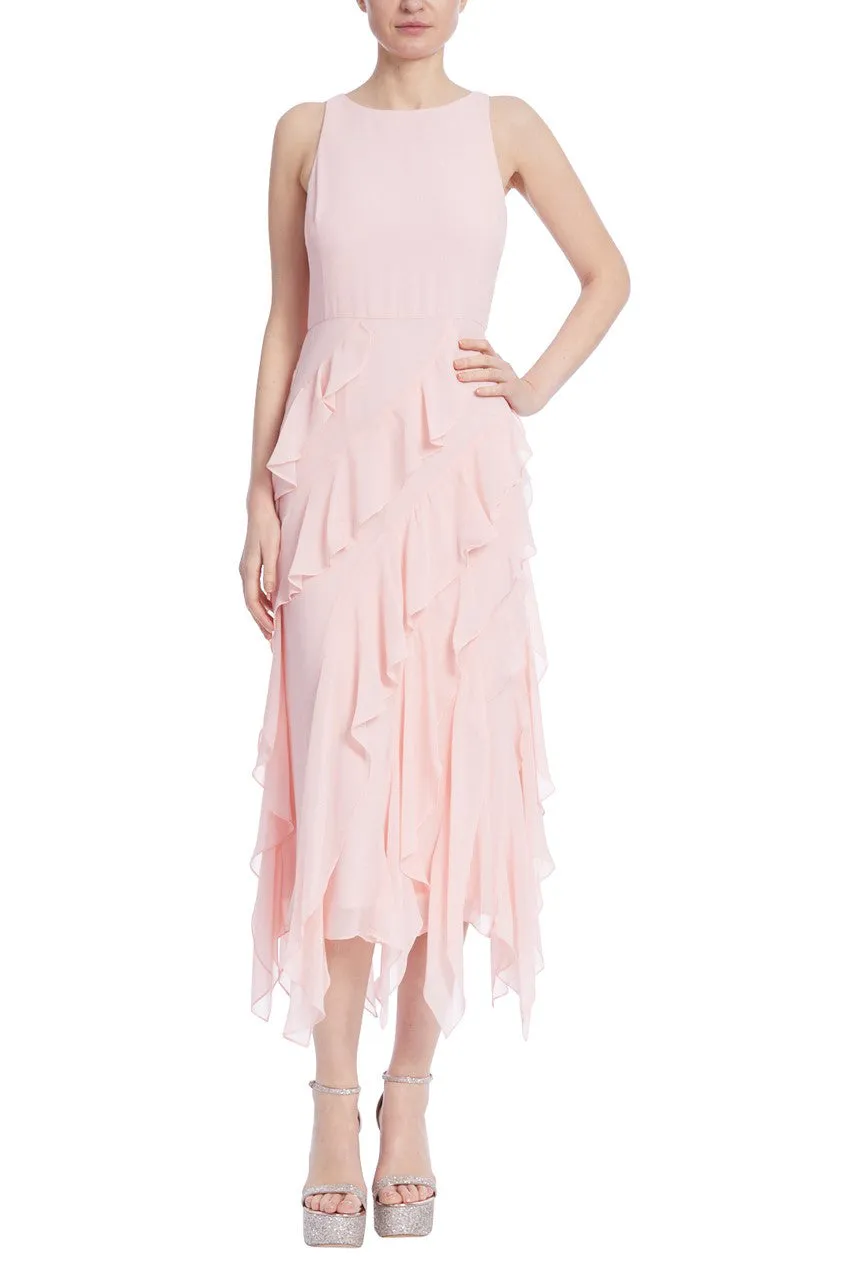 Badgley Mischka jewel neck sleeveless zipper closure cascading ruffles with sash tie georgette gown