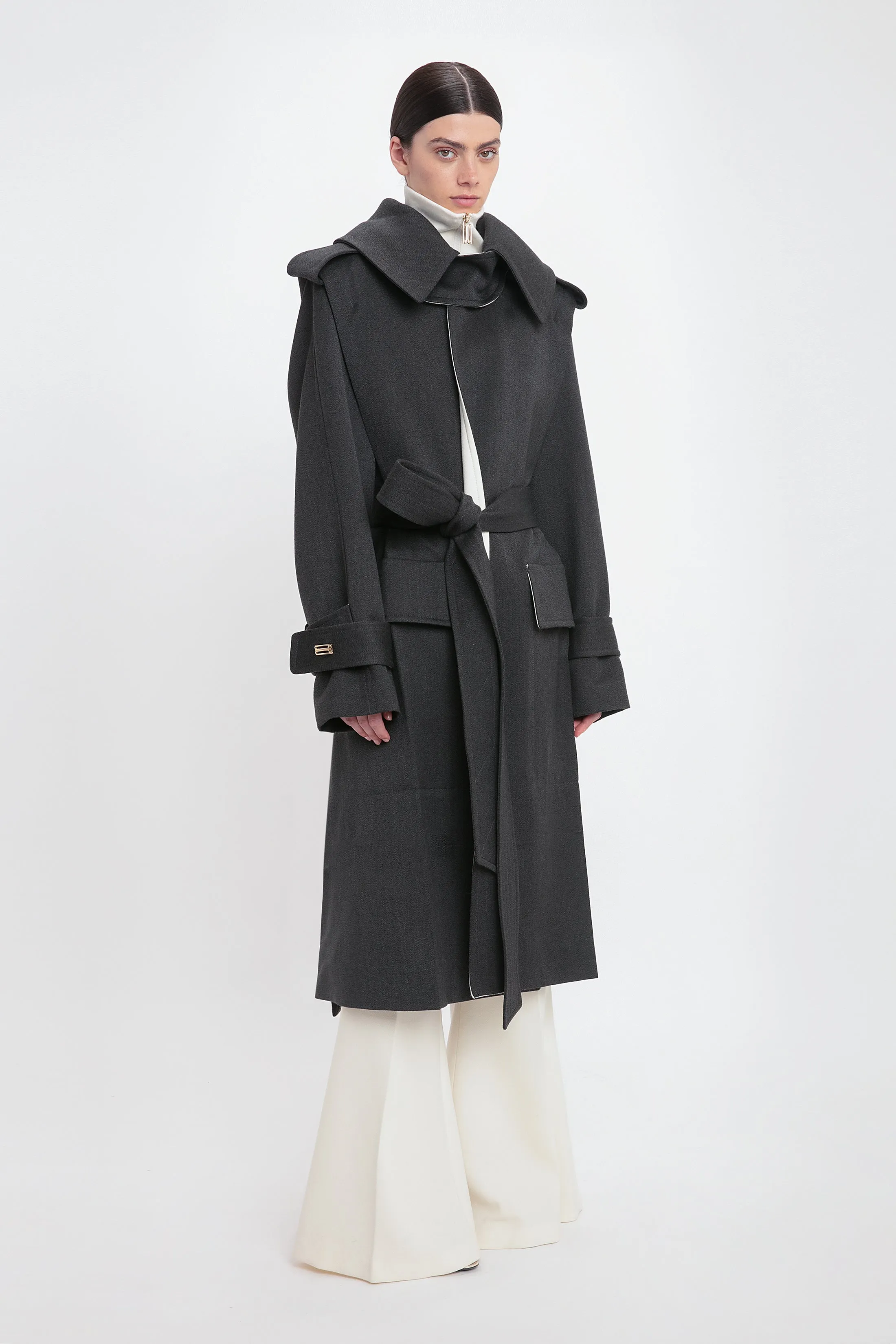 Belted Wool Trench Coat In Charcoal