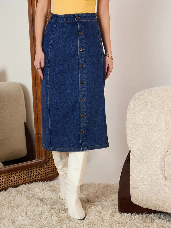 Berrylush Women Solid Blue High-Rise Waist Denim Button-Front Straight Hem Knitted Midi Skirt