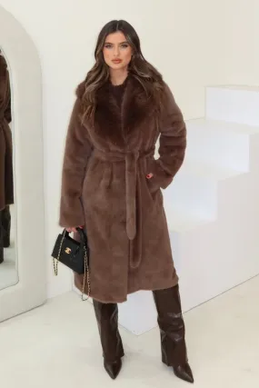 Bethany chocolate belted faux fur coat