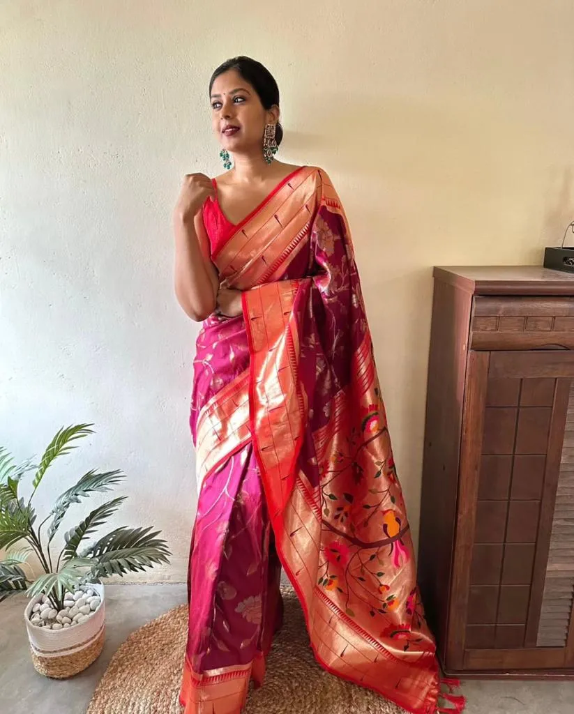 Bewitching Dark Pink Paithani Silk Saree With Brood Blouse Piece