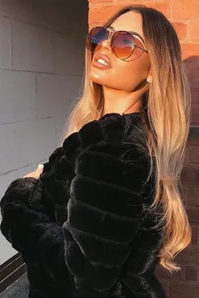 Black Faux Fur Collarless Bubble Coat - Madyn