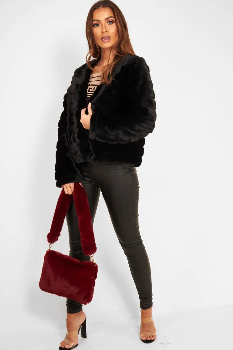 Black Faux Fur Collarless Bubble Coat - Madyn