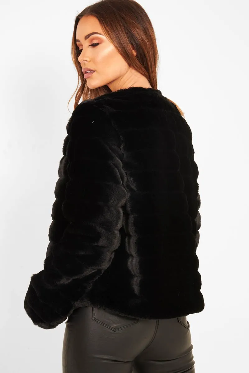 Black Faux Fur Collarless Bubble Coat - Madyn