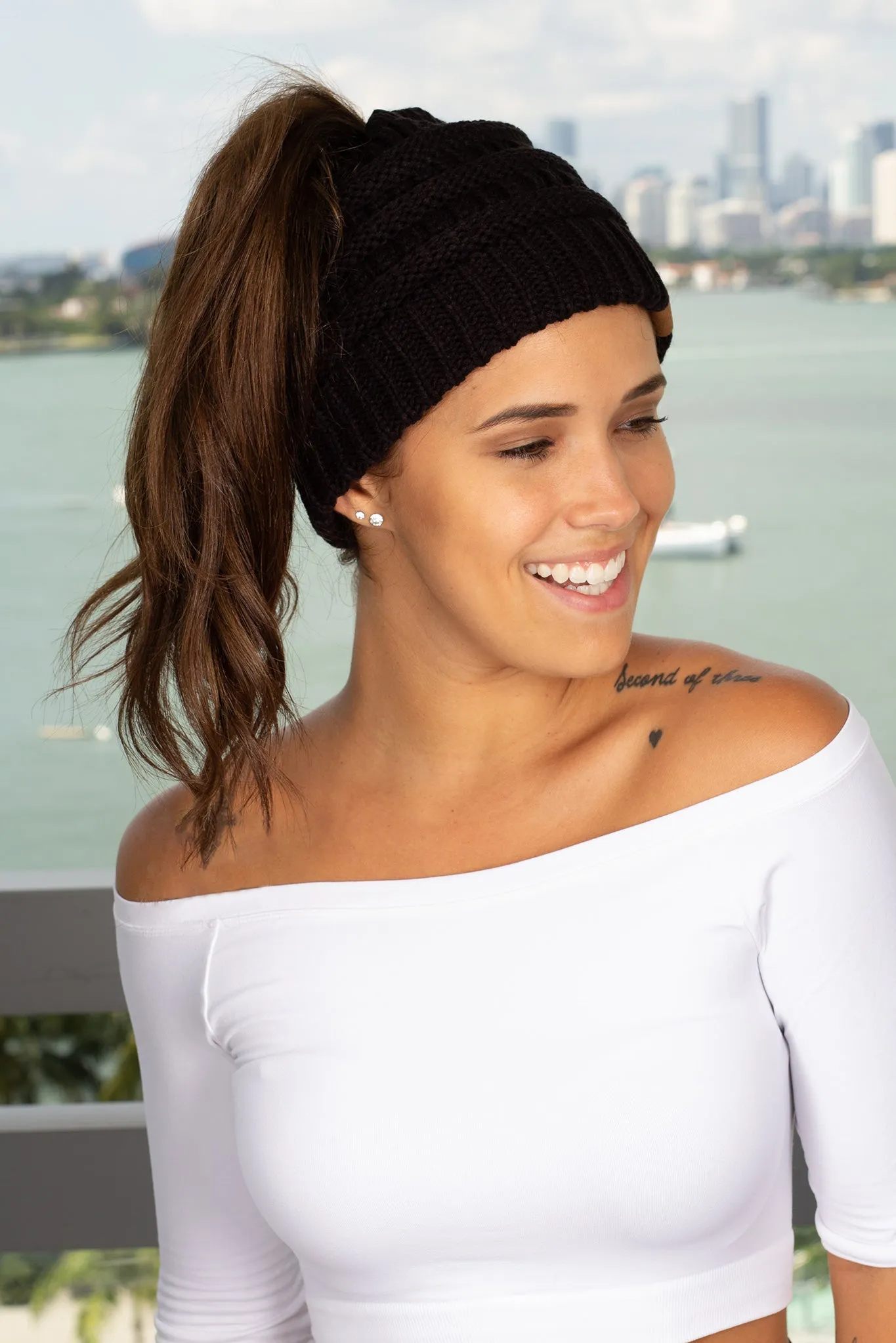 Black Ponytail Knit Beanie