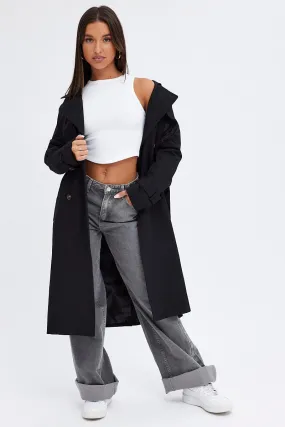 Black Trench Coat Long Sleeves Cotton