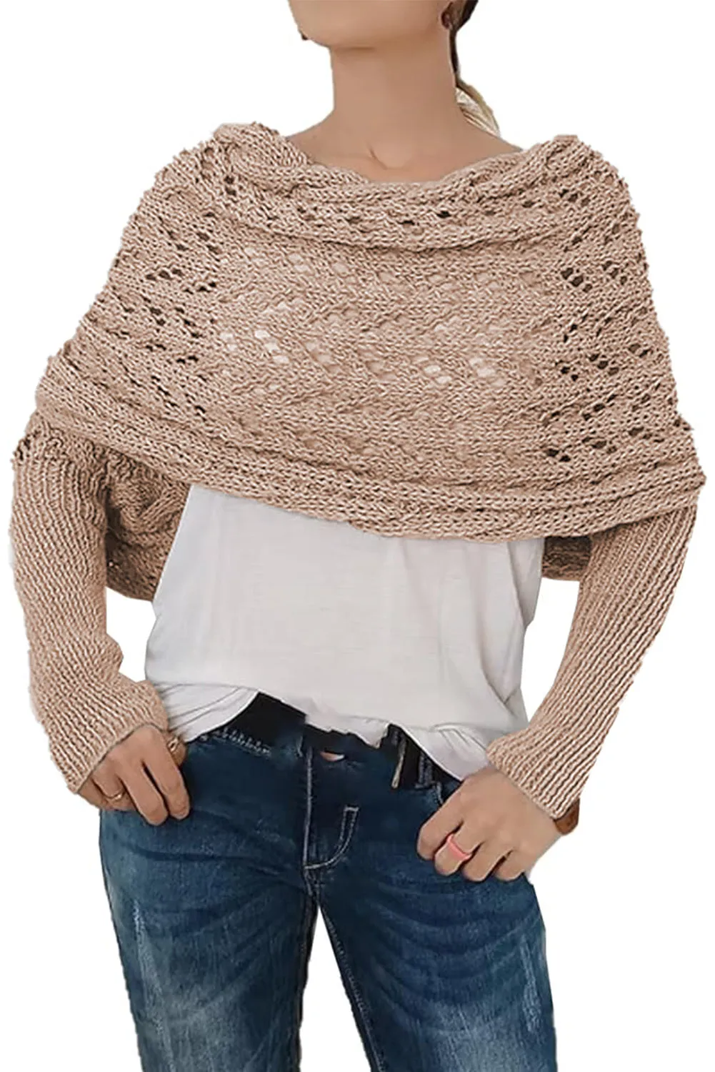 Blackish Green Hollow Knit Scarf with Sleeves