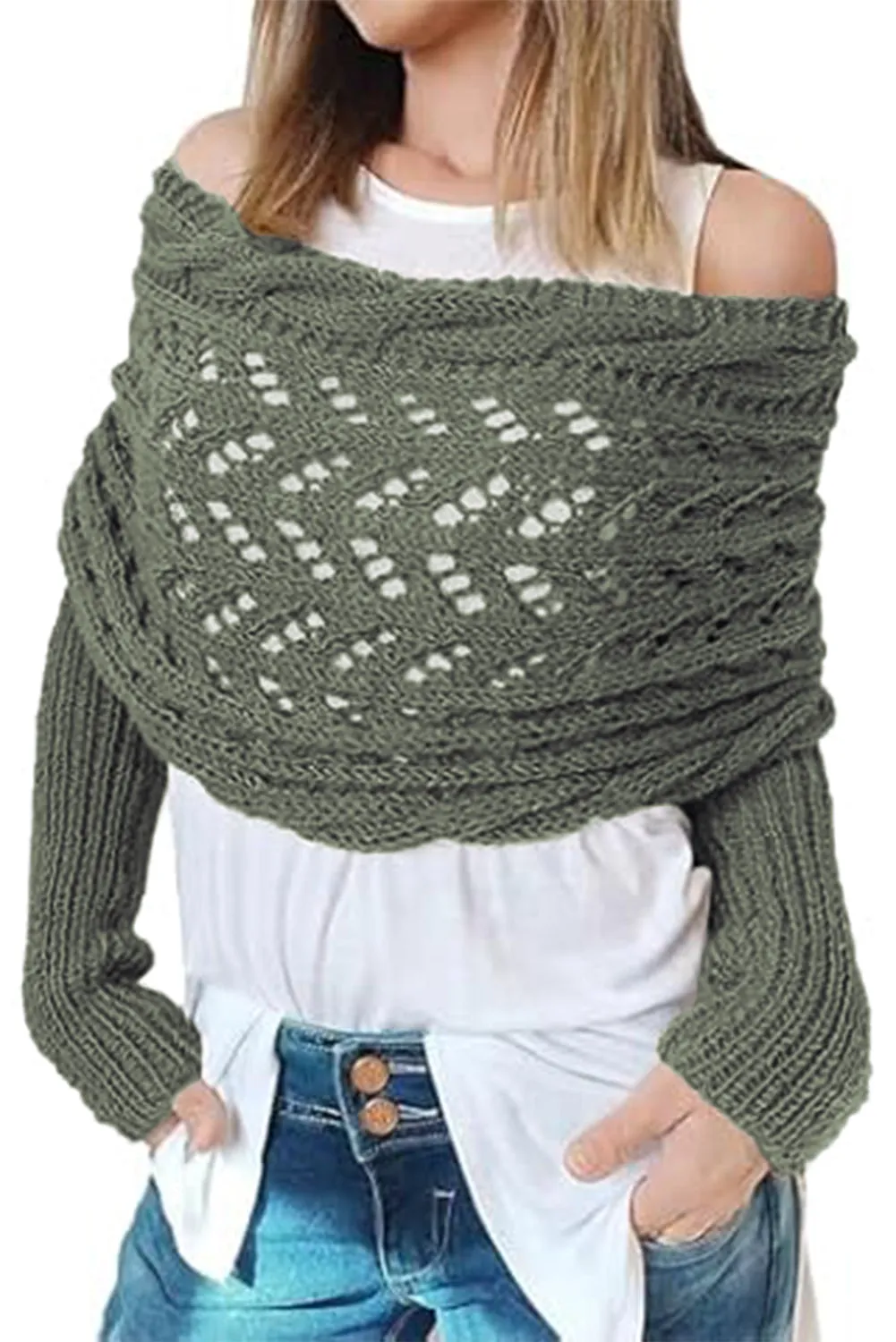 Blackish Green Hollow Knit Scarf with Sleeves