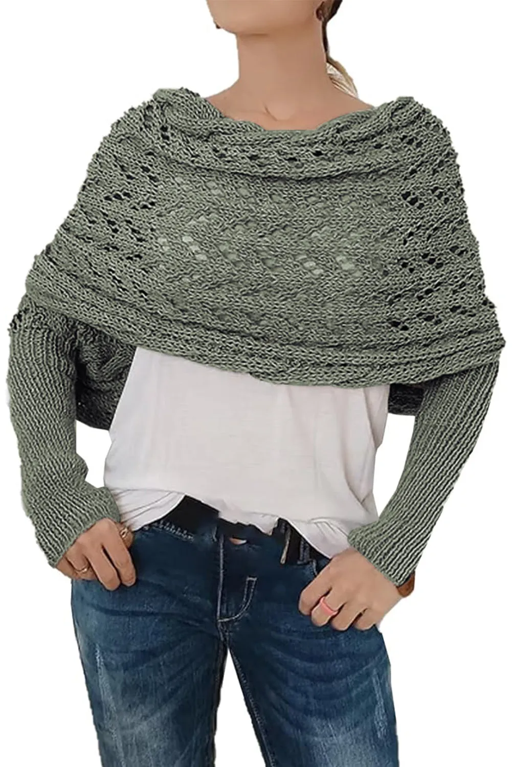 Blackish Green Hollow Knit Scarf with Sleeves