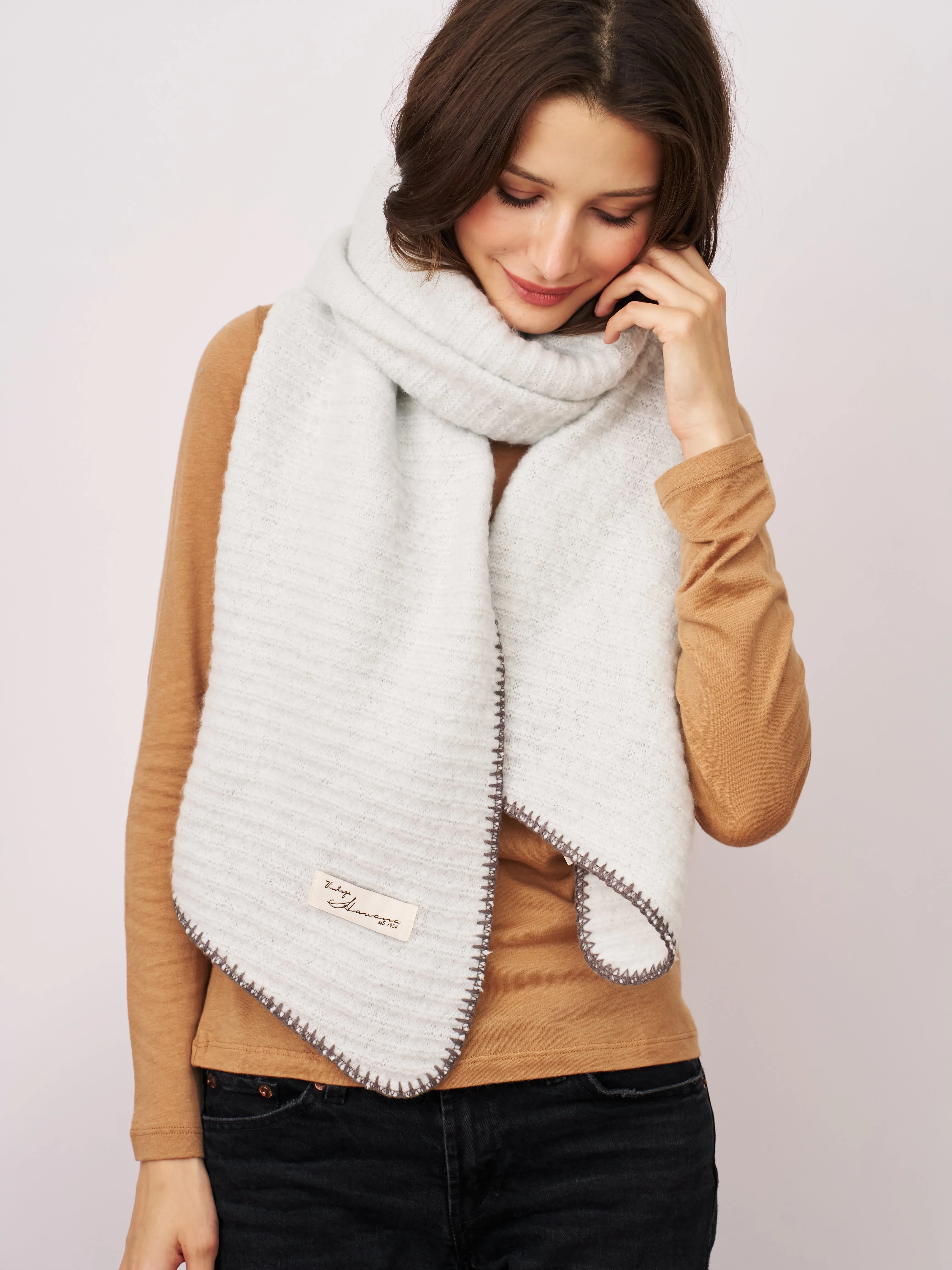 BLANKET STITCH KNIT SCARF - GREY/CHARCOAL