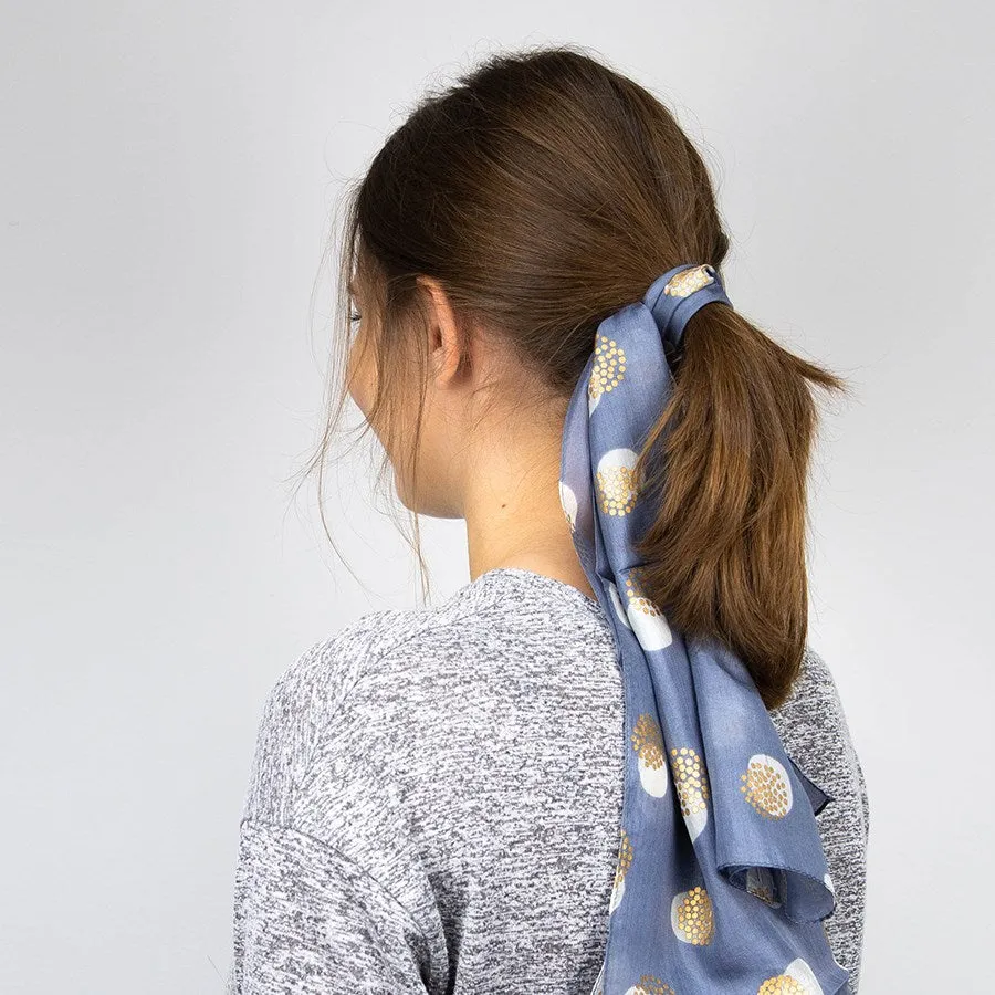 Blue Grey And Gold Spotted Hand Printed Silk Scarf