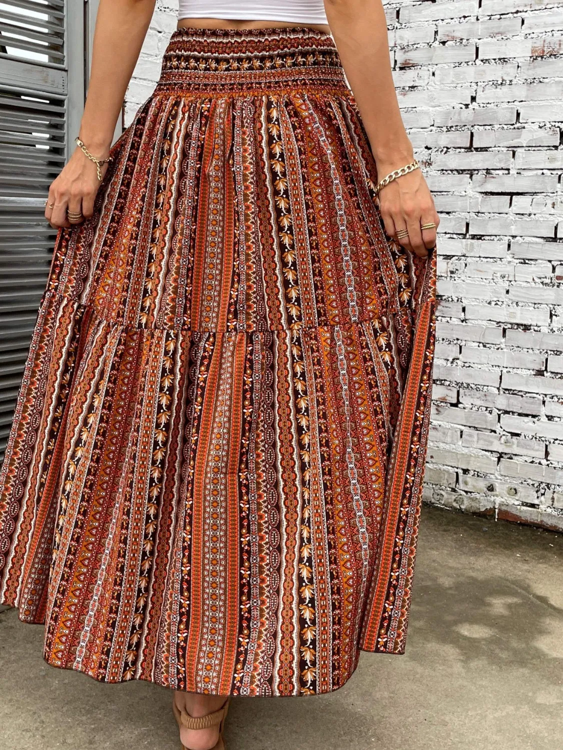 Boho Patten Skirt Women's Casual Printed Elastic Waist Maxi Skirt