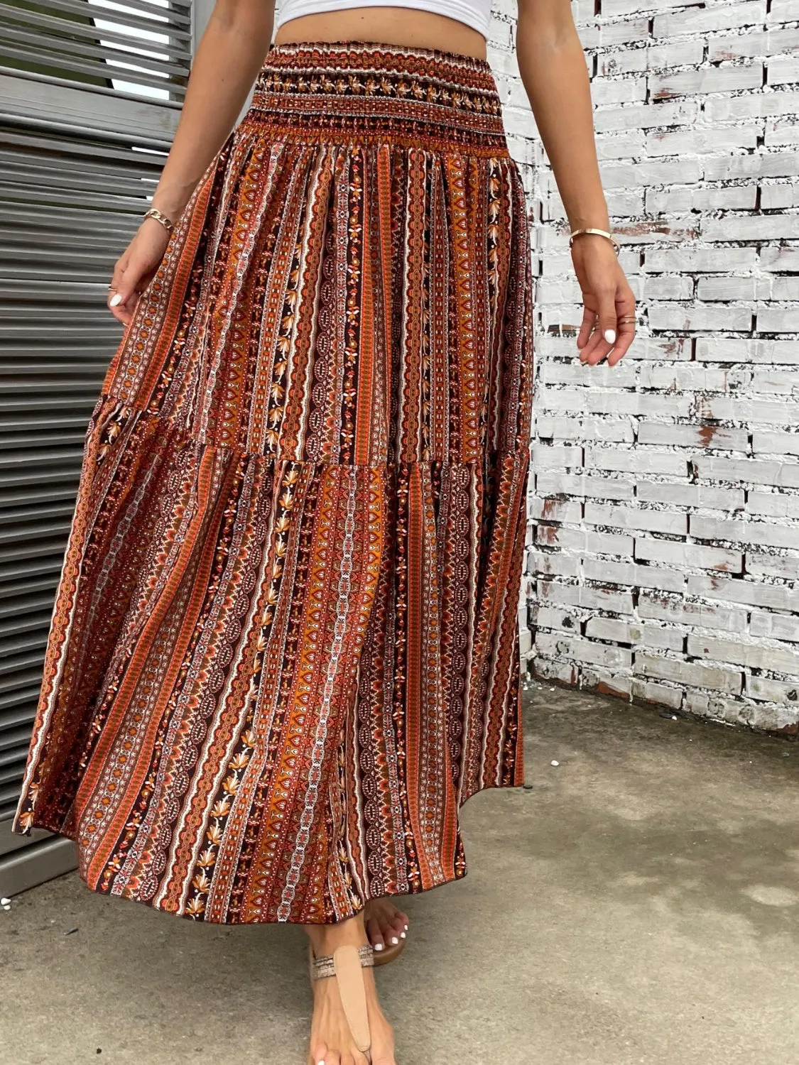 Boho Patten Skirt Women's Casual Printed Elastic Waist Maxi Skirt