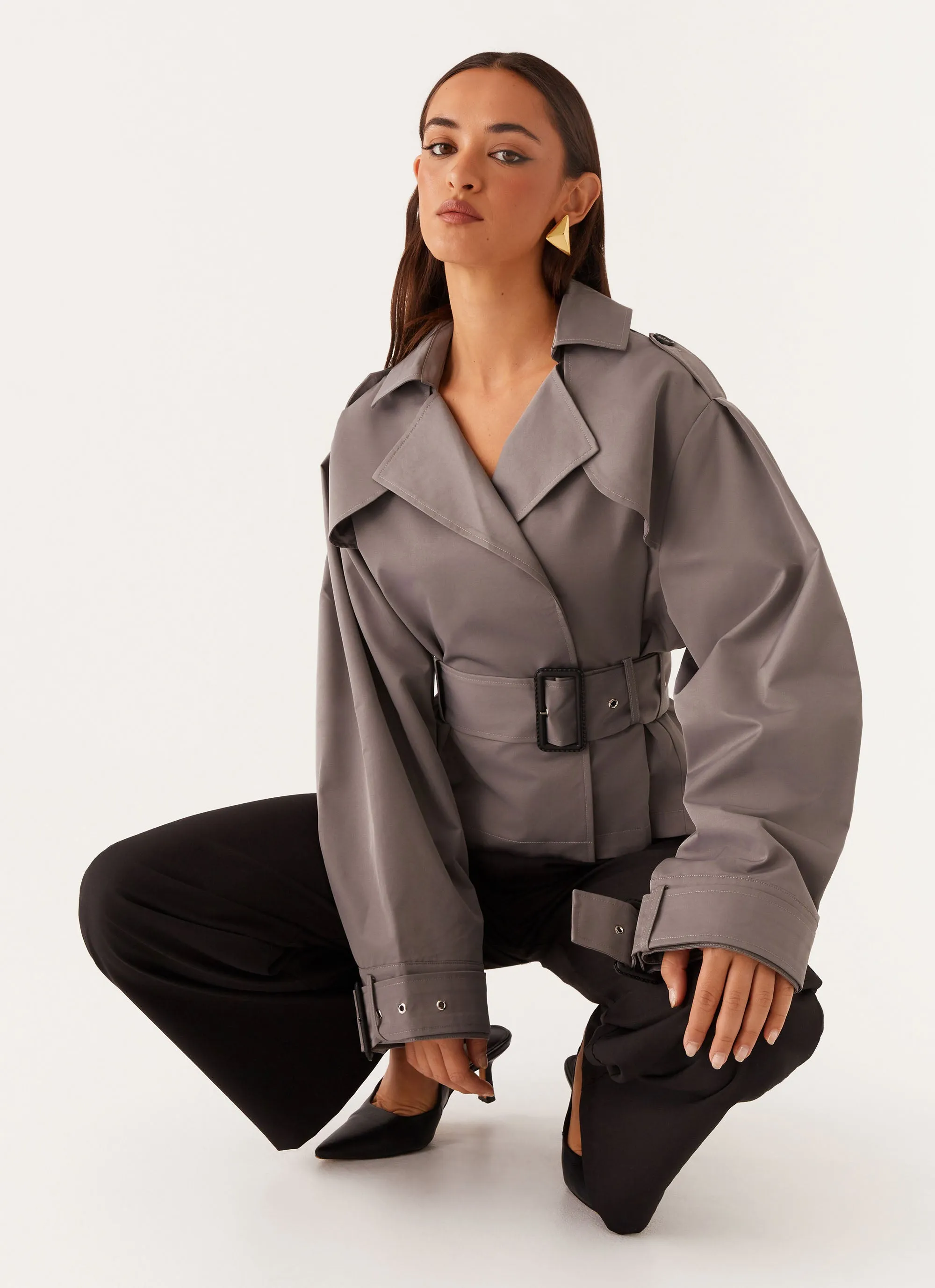 Boston Cropped Trench Coat - Charcoal