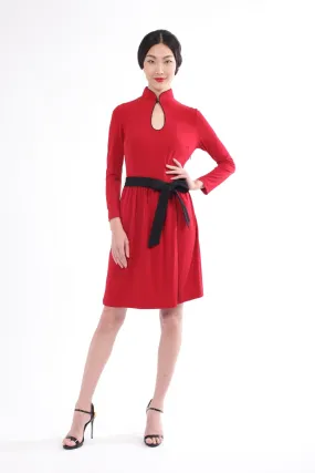 Burgundy Long Sleeves Gathered Skirt Dress With Contrast Belt