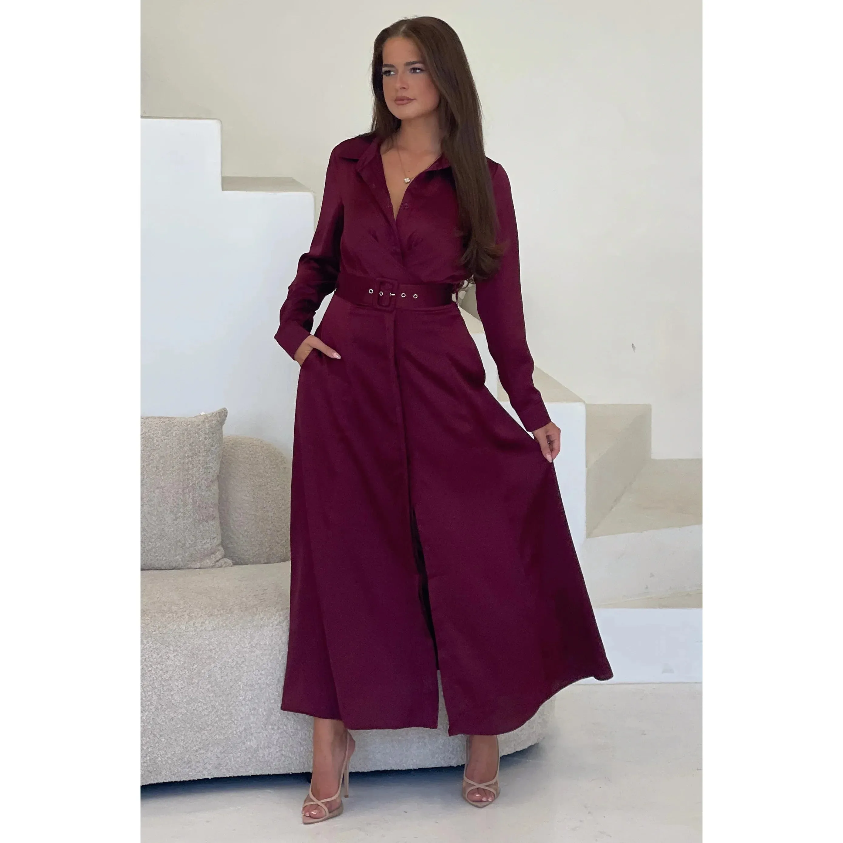 Burgundy Wine Red Long Sleeve Maxi Shirt Dress