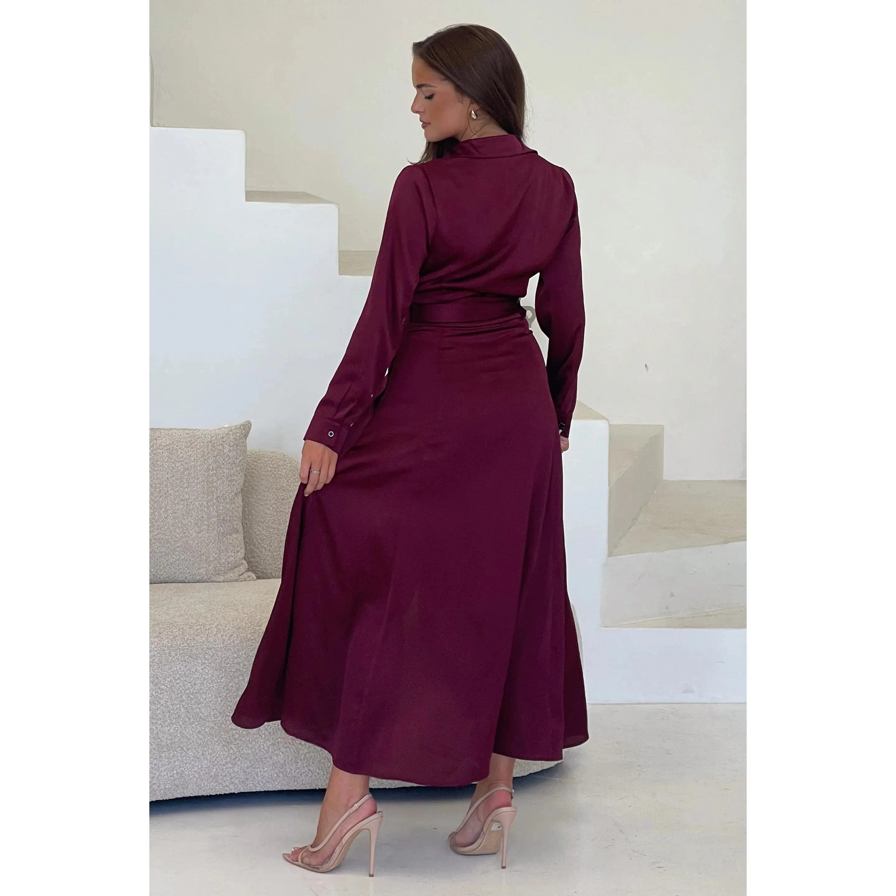 Burgundy Wine Red Long Sleeve Maxi Shirt Dress