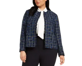 CALVIN KLEIN Women's Navy Blue Tweed Open Front Blazer